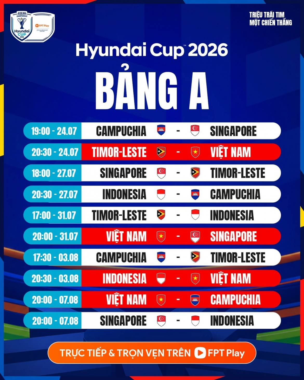 Lịch thi đấu ĐT Việt Nam tại AFF Cup 2026 và phân tích bảng A - OK9 - zaveho